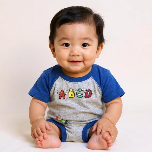 Blue and Gray Infant ABCD body suit